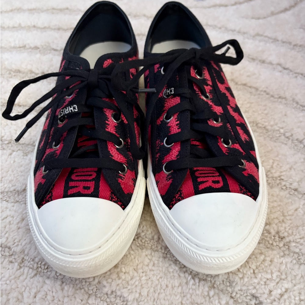 Dior Women’s Red and Black Leopard Sneakers Classic Low-Top Design Size 38/8